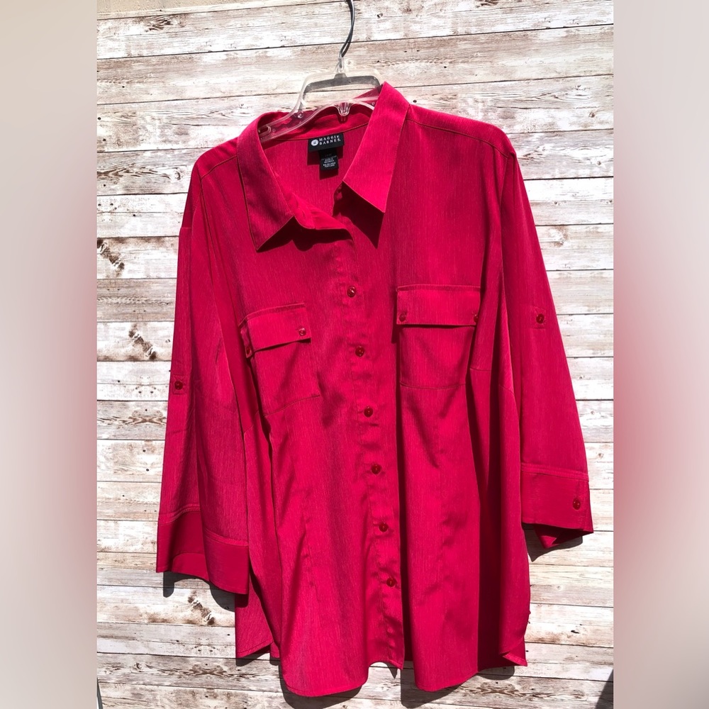 Maggie Barnes deep pink, long sleeves, button up blouse.  Size28W